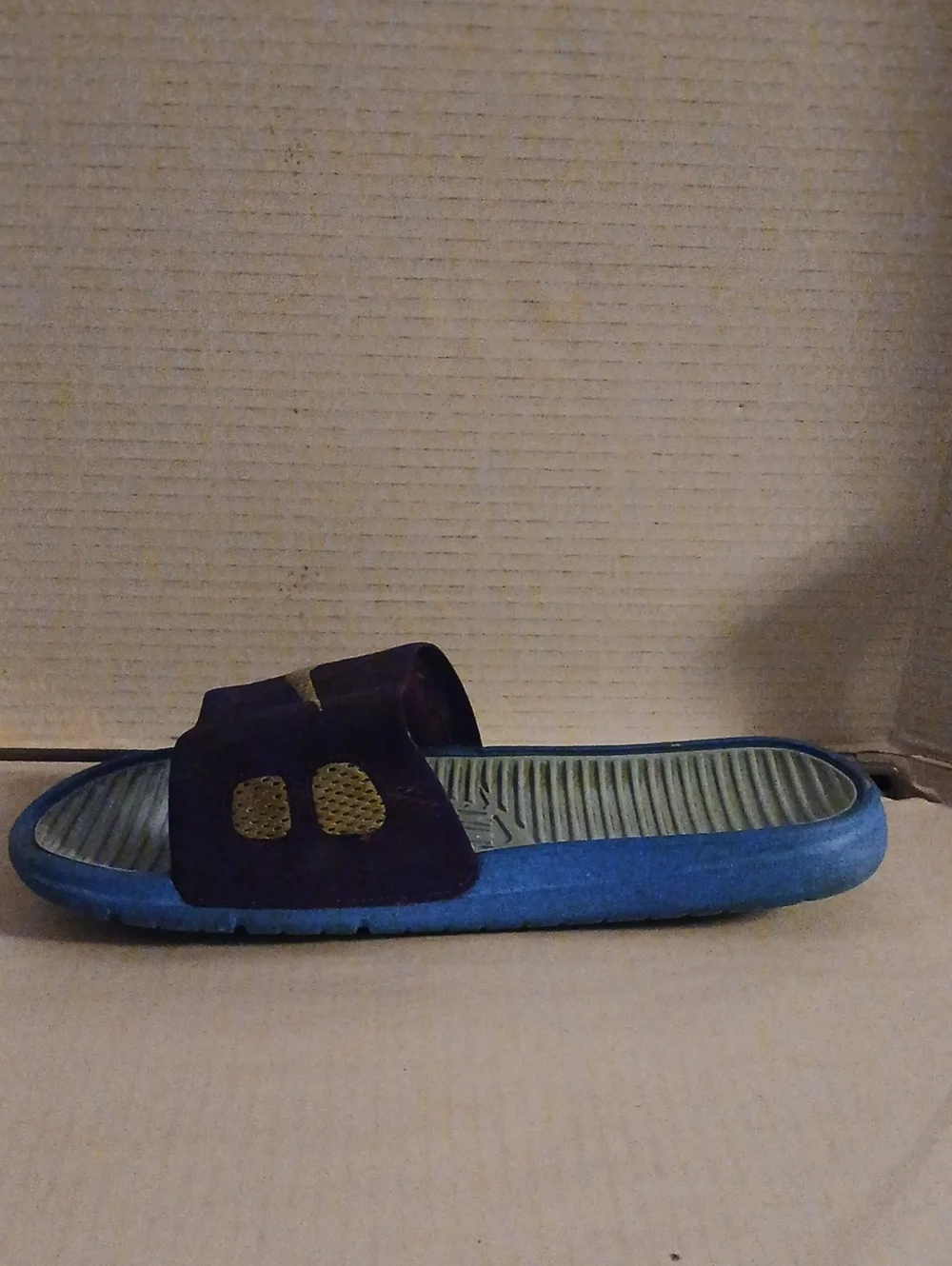 Nike Burgundy Slides with Purple Swoosh and Blue Trim